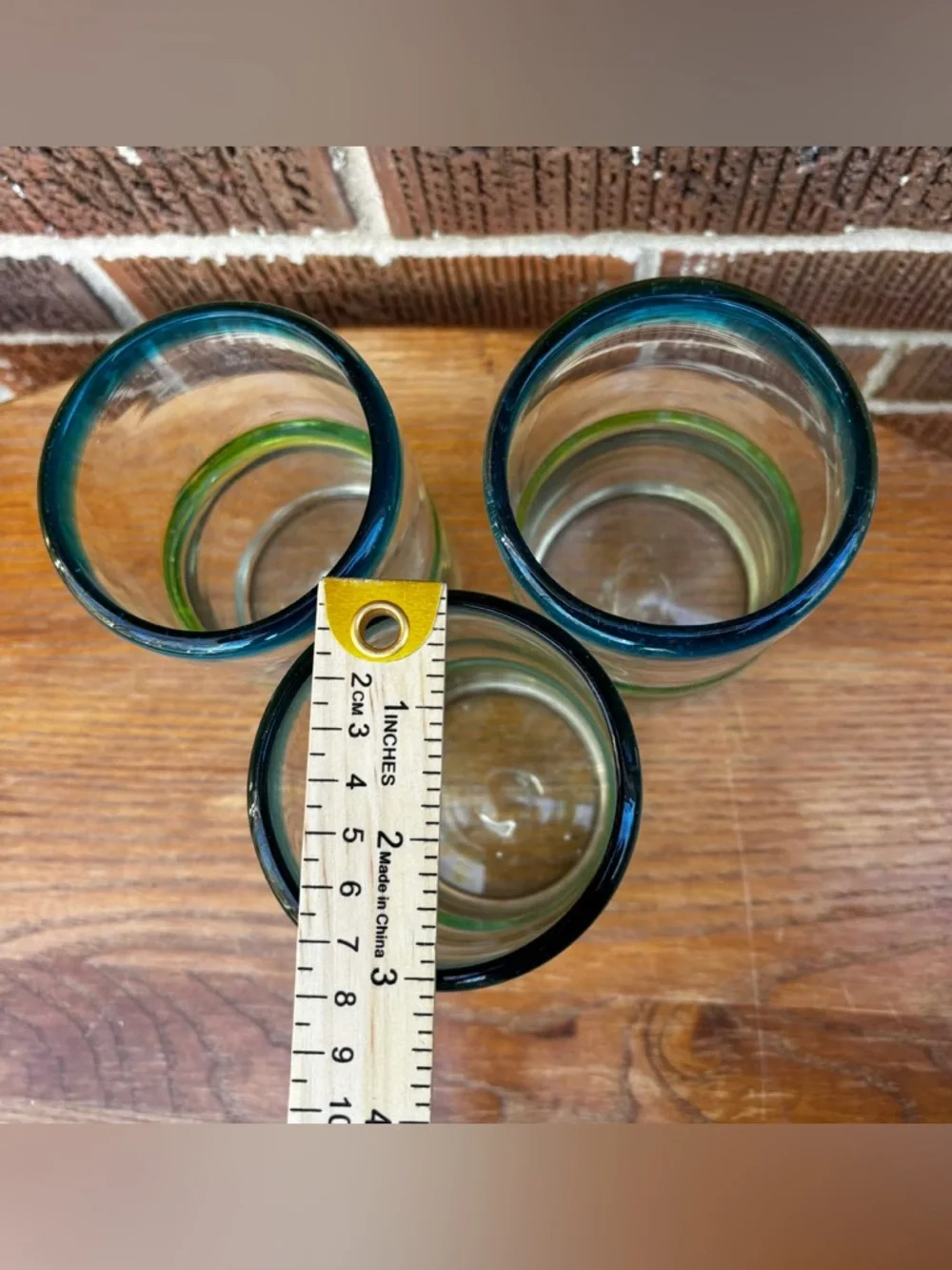 Mexican Hand Blown Green Blue Glass Tumblers thick Glasses Stripes Set of 3